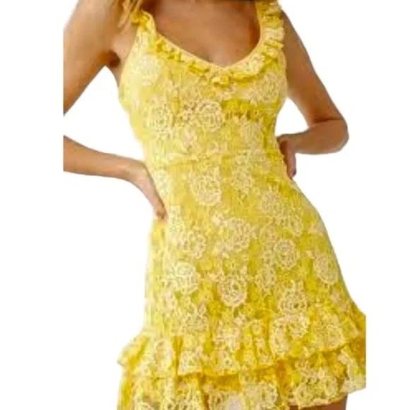 Forever 21 floral lace ruffle trim mini dress yellow and white Forever 21 floral lace ruffle trim mini dress yellow and white